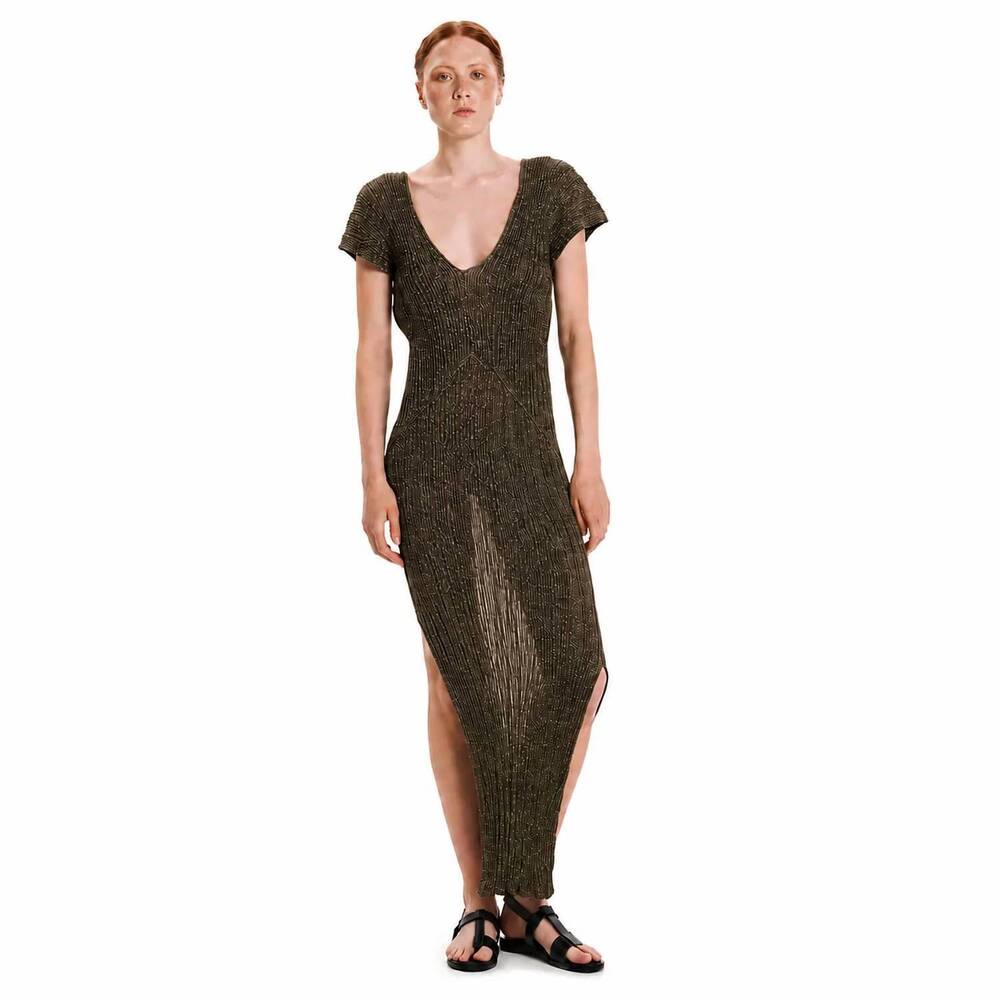 NEW KOURBELA shimmering water maxi dress in gold olive